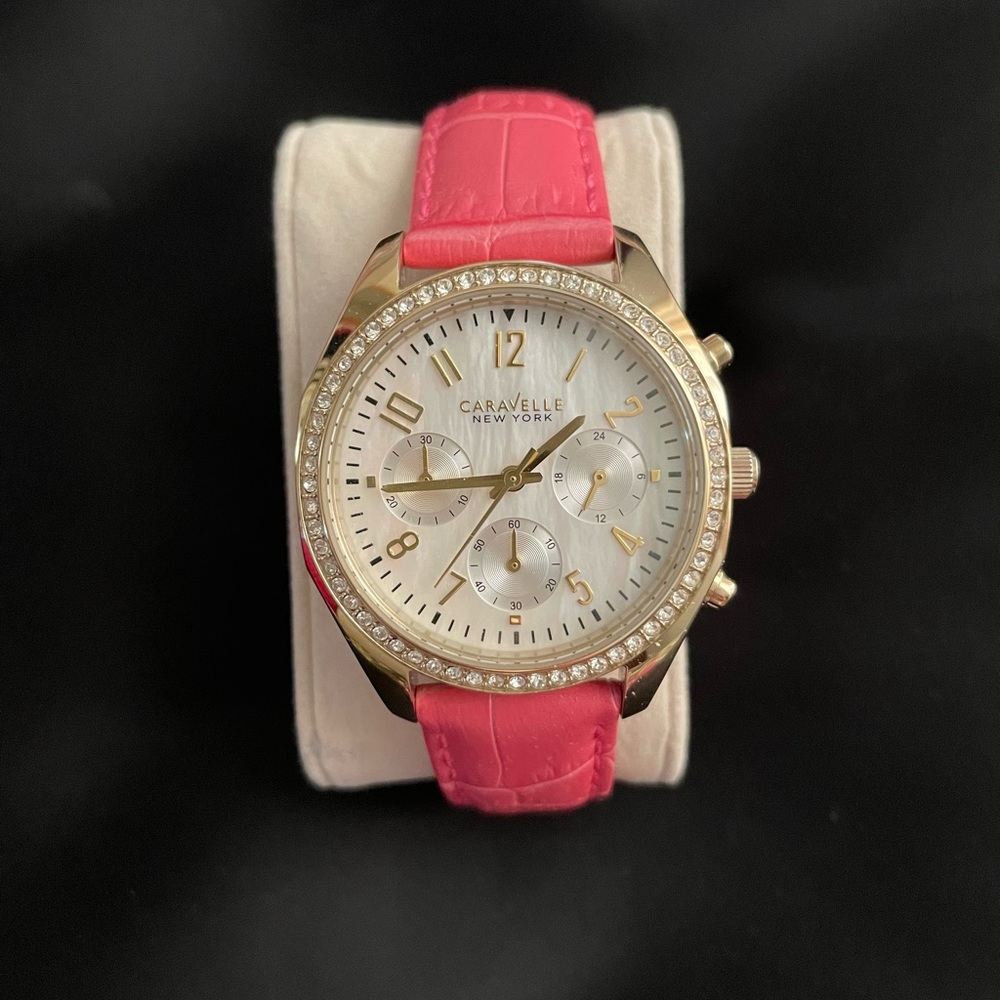 Caravelle pink leather watch with rhinestone trim